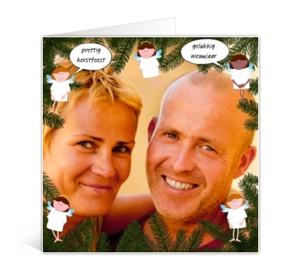 voorbeeld foto kerstkaart met takkenlijst en engeltjes